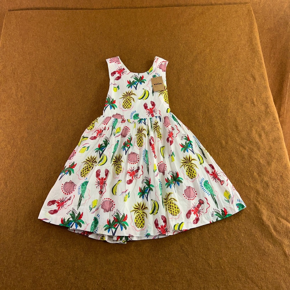 Mini Boden Girls 10-11Y White Tropical Printed Cross Back Dress NWT